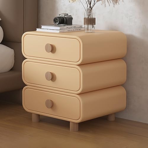 Moderner Nachttisch, Nachttisch mit 3 Schubladen und Beinen aus Massivholz, rustikale und moderne Nachttische aus Leder, geschwungener Beistelltisch aus Holz mit Stauraum für Schlafzimmer un
