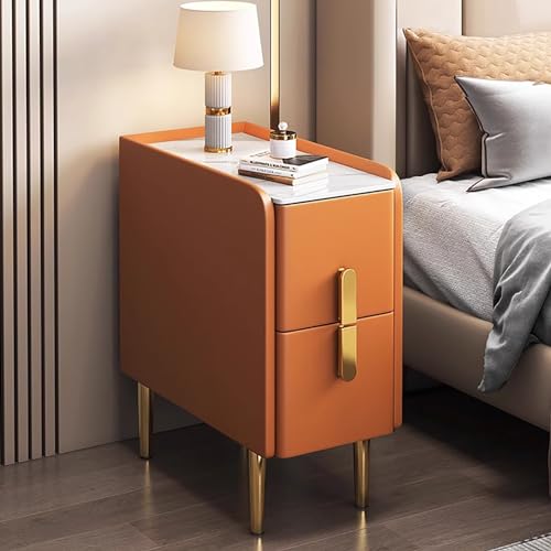 Moderner schlanker Nachttisch mit PU-Leder-Finish und Metallbeinen, Doppelschublade, Aufbewahrungsschrank für kleine Räume, ideal für Schlafzimmer und Wohnzimmer