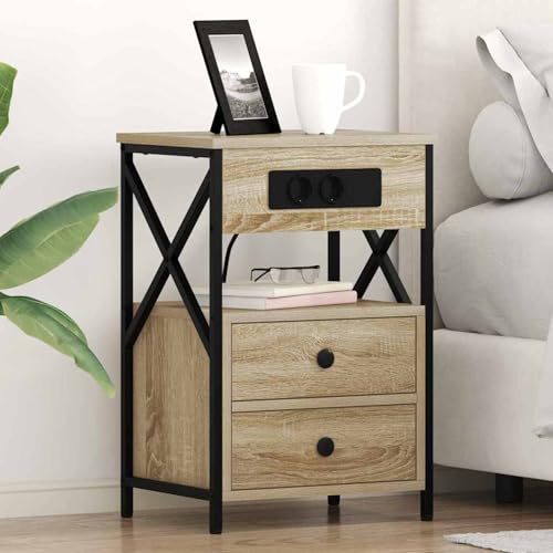 Gecheer Nachttisch mit Ladestation Sonoma Eiche 40 x 31 x 60 cm, Schlichte Nachtkommode Kommode für Wohnzimmer Schlafzimmer Studentenbude859462