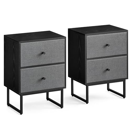 VASAGLE Nachttisch, 2er Set, Beistelltisch mit Stauraum, 2 herausnehmbare Schubladen, Nachtschrank für Schlafzimmer, Wohnzimmer, ebenholzschwarz-schieferg rau LGS229B56, 30 x 40 x 55 cm (T x B x H)