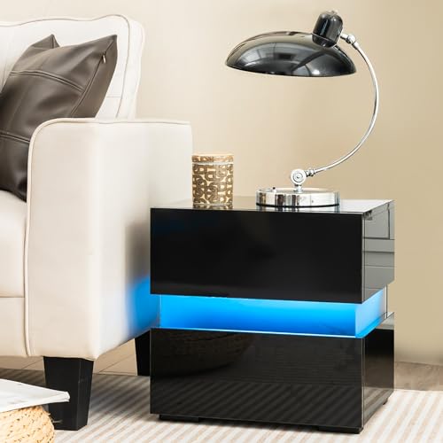GIANTEX Nachttisch mit LED-Beleuchtung, 22 dynamischen Modi & 5 Helligkeitsstufen & Fernbedienung, Nachtschrank Schwarz Hochglanz, Nachtkommode Nachtkonsole 2 Schubladen, Beistelltisch 45 x 35 x 45cm