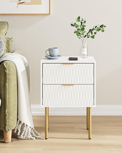 HEYZOEY Nachttisch, Nachtschrank mit 2 Schubladen, Modern Nachtkästchen, Boho Nachtkommode für Wohnzimmer, Schlafzimmer, Weiß und Gold