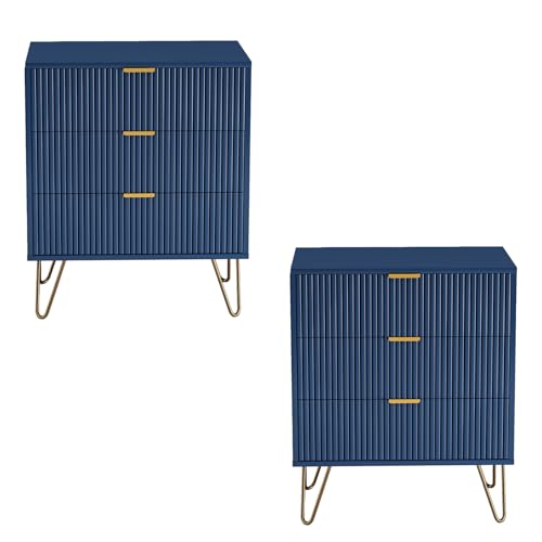 Set mit 2 Nachttischen, 3 Schubladen, Kommode mit 3 Schubladen, Beistelltisch aus Holz, Nachttisch, blaue Beine und goldene Griffe, vertikale Maserung (2, 3 Schubladen)