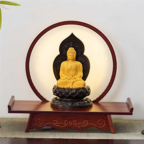 MESCXTY LED-buddhistischer Altartisch mit beleuchtetem Sockel, Vintage-Holzmeditation für Statuen und rituelle Darstellung, Kleiner Pooja-Heimschrein (rötlich-braun, 15,7  L)