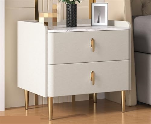Nachttisch aus Massivholz, Kleiner Nachttisch mit Rockboard, Nachttisch mit 2 Schubladen für Schlafzimmer und Wohnzimmer (weiß, 40,9 cm)