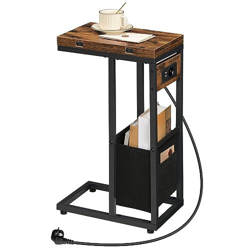 HOOBRO Beistelltisch mit Ladestation, C-Form, Klappbarer Couchtisch mit Stofftasche, Nachttisch mit Steckdose und 2 USB-Anschlüsse, für Wohnzimmer, Vintagebraun und Schwarz EBF30CSF01