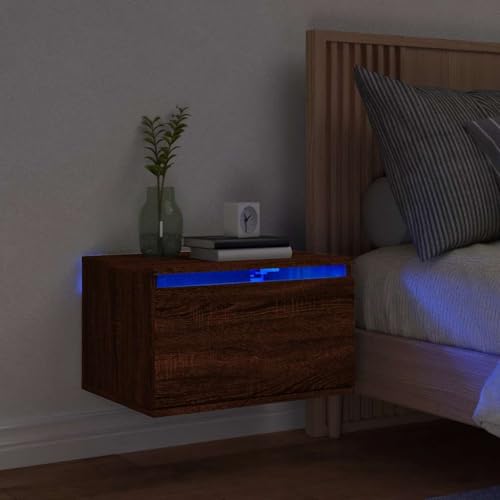 Mokuyary Wand-Nachttisch mit LED-Leuchten Braun Eichen-Optik Beistelltisch, Nachtschrank Schlafzimmer, modern für Wohnzimmer Schlafzimmer Arbeitszimmer Gästezimmer A2