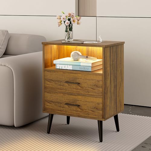 LVSOMT Nachttisch mit Beleuchtung, LED Nachttisch mit Steckdose, Nachttisch mit Ladefunktion, Modern Nachtschrank Holz mit 2 Schubladen, Nachttische USB Type-C, Nachttisch Schlafzimmer (Braun)