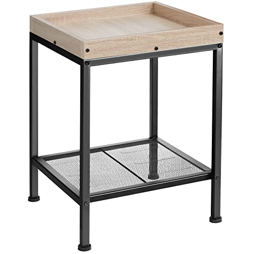 tectake Beistelltisch aus Holz und Metall, Industrie-Design, obere Ablage mit hohem Rand, Gitterablage im unteren Bereich, schwarzes Metallgestell (Industrial Holz hell, Eiche Sonoma)