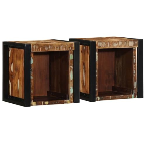 HETFTJN Nachttisch Set 2er Mehrfarbig 40x35x40 cm Massiv Altholz Wandmontage Schlafzimmer Nachtkommode für Vintage Industrial und Modernes Zuhause