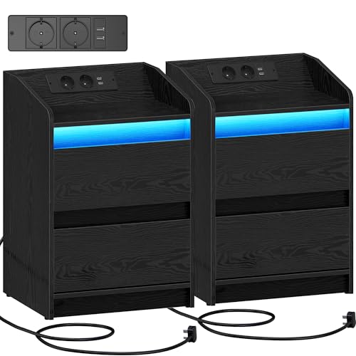 Hzuaneri Nachttische 2er Set mit LED-Lichtern, Ladestation und 2 Schubladen, Beistelltisch mit USB-Anschlüssen & Steckdosen, Stilvoll und vielseitig, für Wohnzimmer und Schlafzimmer, Schwarz NS30104X