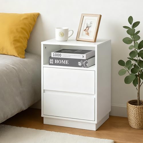 LEADZM Nachttisch Nachttische mit 1 offenem Fach und 2 Schublade, Nachtschrank für Schlafzimmer, Beistelltisch für Schlafzimmer und Wohnzimmer, 40 x 30 x 60 cm (1, Weiß)
