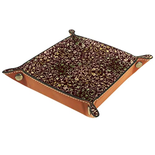 Valet-Tablett, Schreibtisch-Aufbewahrung s-Organizer, hochwertiges PU-Leder-Auffangtablett, Nachttisch-Waschtisch-Tab lett, Nachttisch-Caddy-Halter,B arocke Blumenkunst Brown Vintage
