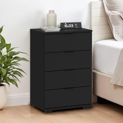 CARO-Möbel Nachttisch Piano Esche schwarz -Nachtkommode für Boxspringbetten, Nachtschrank mit 4 Schubladen und Griffen aus Kunststoff, Korpus aus MDF/Spanplatte