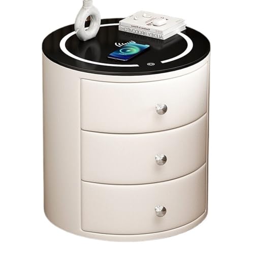IROEJT Rundes Smart-Möbelstück aus Massivholz und Leder, moderner Leichter Luxus, multifunktionales Schlafzimmer mit kabelloser Ladefunktion?White 17.7 * 17.7 * 19.7in