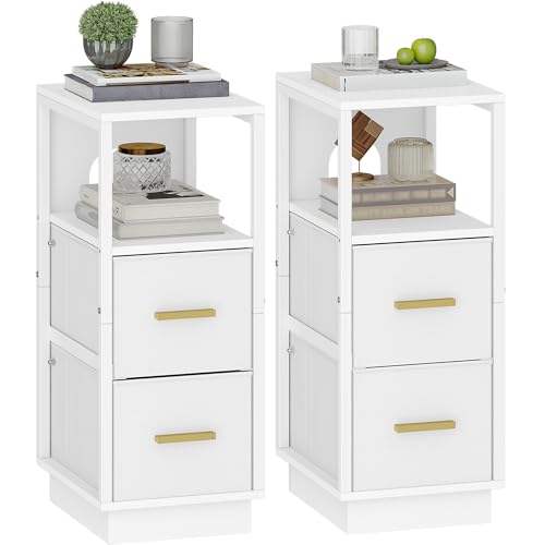 Hzuaneri Nachttisch 2er Set, Beistelltisch mit Offenes Fach, Nachttisch Schmal mit 2 Stoffschublade, Modern, für Schlafzimmer, Wohnzimmer, 30 x 24 x 60 cm, Weiß NS62303W