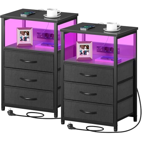 Rolanstar Nachttisch mit Ladefunktion & LED, 2er-Set Sofatisch mit 3 Stoffschubladen, USB-Anschlüssen & Steckdosen, Beistelltische für Wohnzimmer, Schlafzimmer, 40 x 30 x 60 cm