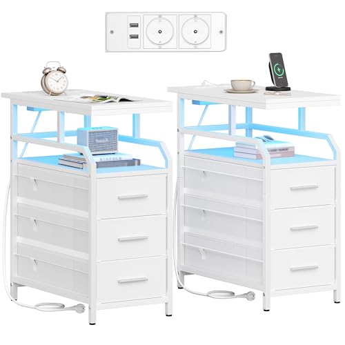 HEXCELEN Beistelltisch, 2er Set, Nachttisch Schmal, Nachttisch mit 3 Schubladen und 1 Offenen Fach, Sofatisch, für Schlafzimmer, Wohnzimmer, 60 × 30 × 66,6 cm, Modern Weiß