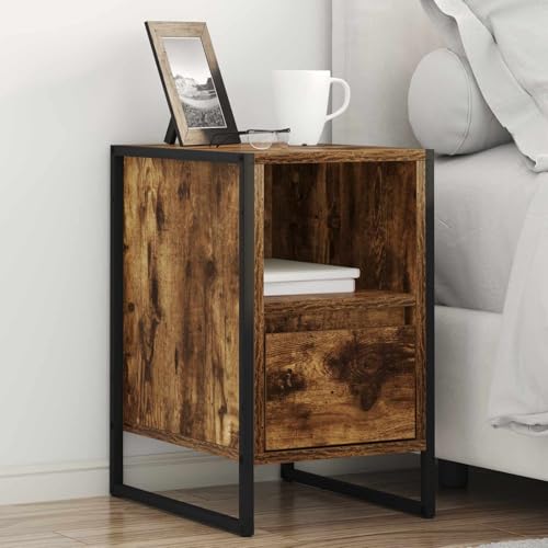 Owoxanthellate Nachttisch Raucharbe 39,5x30x50 cm, Industrial Nachtkästchen mit Schublade, Holz & Stahl, Beistelltisch mit Geheimfach, Side Table für Schlafzimmer, Flur, Wohnzimmer