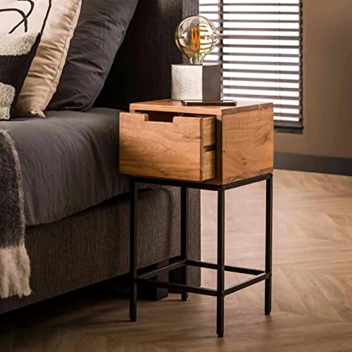 RINGO-Living Massivholz Nachttisch mit Schublade Meuka, Stauraum Nachttisch Industrial Style, Wohnzimmertisch 60 cm hoch, Nachttisch Industrie Style, Nachttisch Holz, Nachttisch Hellbraun & Schwarz