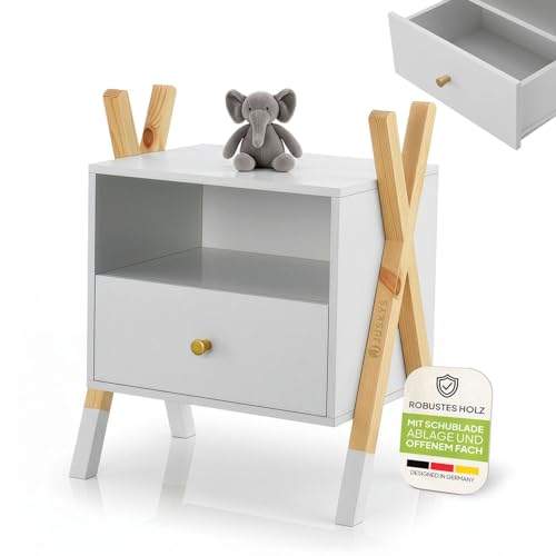 Juskys Kinder Nachttisch Jamie mit Schublade, Ablage & offenem Fach - Kleiner Nachtschrank aus Holz - Nachtkästchen klein - Kommode Weiß Natur