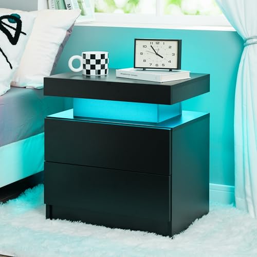 Cubehom LED Nachttisch mit 2 Schubladen – Moderner Nachttisch mit RGB Beleuchtung, LED Nachtkommode mit Licht für Schlafzimmer