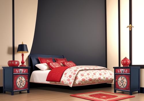 OPIUM OUTLET Chinesisches Nacht-Schränkchen asiatischer Nachttisch Kleiner Nacht-Schrank orientalische Schlafzimmer-Kommode Shabby-chic rot-schwarz