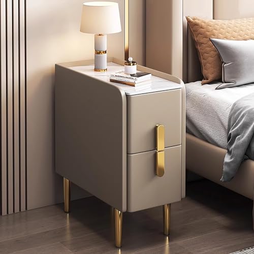 Moderner schlanker Nachttisch mit Doppelschublade, Aufbewahrungsschrank für Schlafzimmer, kleine Räume, stilvoller schmaler Beistelltisch mit PU-Leder-Finish und Metallbeinen, minimalistischer