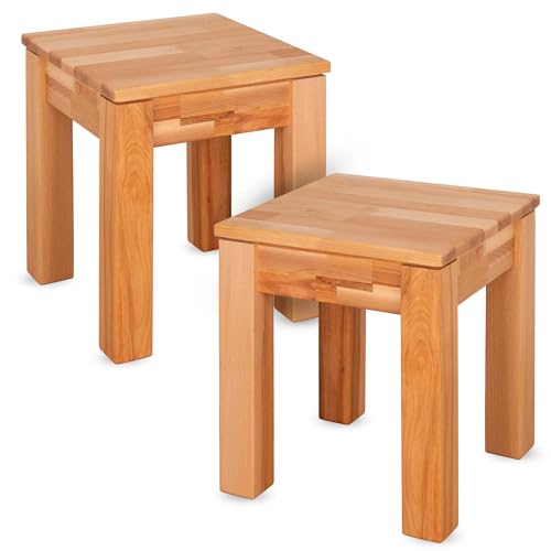 Staboos 2er Set massiv Holzhocker Emma bis 200 kg - Buche Sitzhocker aus Holz - Kernbuche Natur - Hocker als Nachttisch nutzbar - 36 x 36 x 45cm