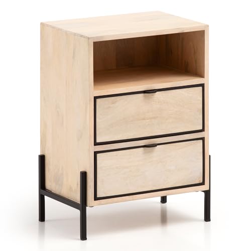 FineBuy Nachttisch aus Mango Whitewash Massivholz mit Ablage & 2 Schubladen – Nachtkonsole im Industrial Natur Design für Boxspringbetten, Nachtschrank mit Stauraum – Nachtkästchen 43x60x30 cm