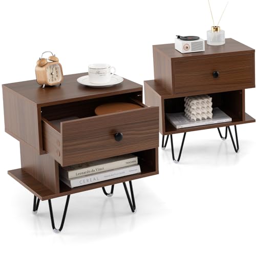 RELAX4LIFE Nachttisch 2er Set, Beistelltisch mit Schublade & Offenem Regal, 44 x 29 x 47 cm, Nachtkommode mit Metallbeine, Sofatisch Landhausstil, Couchtisch für Schlafzimmer & Wohnzimmer (Walnuss)