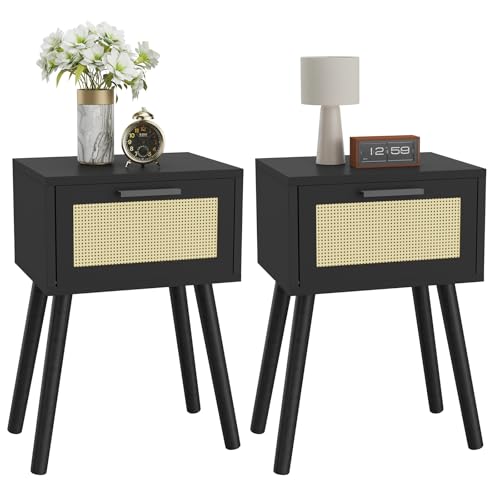 YMYNY Rattan Nachttisch 2er Set, Beistelltisch, Boho-Nachtschrank mit Magnetschublade, Massivholz Beinen, 35x27x53 cm, Sofatisch, Couchtisch für Wohnzimmer, Büro, Schlafzimmer, Schwarz HST010B-2