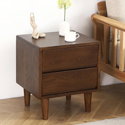 TOTLAC Nachttische, Nachttische aus Massivholz, luxuriöser moderner Beistelltisch aus natürlicher Eiche im Mid-Century-Stil mit 2 Schubladen, Vintage-Ästhetik, langlebiger Holzschrank-Org