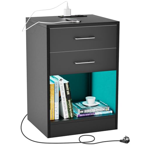 Nachttisch mit led,Nachttisch mit Beleuchtung Nachttisch Schwarz Nachttisch mit Ladestation 2 USB-Anschlüsse,offenes Fach Beistelltisch mit 2 Schubladen,1 Aufbewahrungsschublade (schwarz)