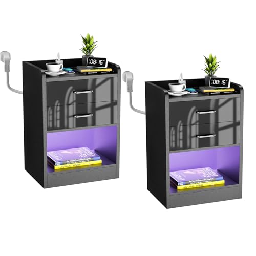 PIPIPOXER Nachttisch 2er Set Nachttisch LED mit Steckdose, 2 AC-Steckdosen, 2 USB-Anschlüsse, Nachttisch Schwarz mit 2 Schubladen, Nachtschrank LED-Beleuchtung 16 Farbe, Beistelltisch, 40x35x65cm