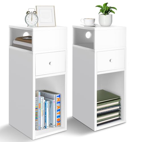 VOUNOT® Nachttisch 2er Set, Schmal, Beistelltisch mit 2 offenem Fach & 1 Schublade, Modern Nachtschrank, Nachtkästchen für Schlafzimmer, Wohnzimmer, 25x30x66cm Weiß
