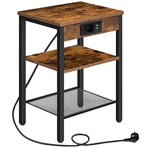 HOOBRO Beistelltisch, Nachttisch mit Ladefunktion, 2 USB-Anschlüsse, 3 Ablagen, 38 x 28 x 55 cm, für Wohnzimmer, Schlafzimmer, Vintagebraun EBF112CBZ01