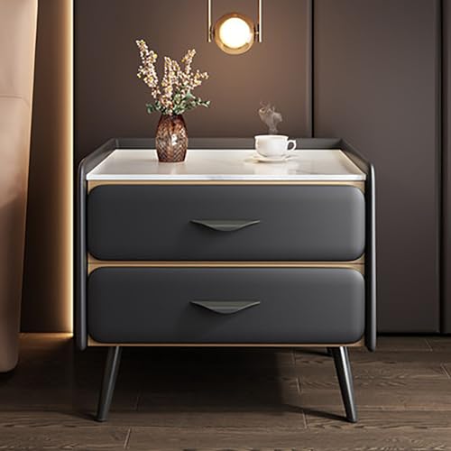 Generisch Luxuriöser Nachttisch mit PU-Leder-Finish, Kunstmarmorplatte und 2 Schubladen, stilvoller Aufbewahrungsschrank für Schlafzimmer oder Wohnzimmer, graues Finish, 45 x 40 x 52 cm (18 x 16 x 20