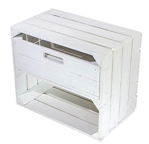 Truhenking Weiße Regalkiste mit Schublade 50cm x 40cm x 31cm Obstkisten Schrank Holzbox Shabby chic Weiss Nachttisch Nachtschrank DIY modern Möbel Garten Weinkisten