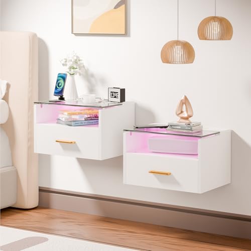 BYNYXI 2er Set Hängender Nachttisch mit Licht, Holz Nachttisch mit Schublade Ladestation AC-Steckdose/2USB schwebende Nachtkommode mit LED Lichtleiste Wandregal für Schlafzimmer Wohnzimmer-42x30x26cm