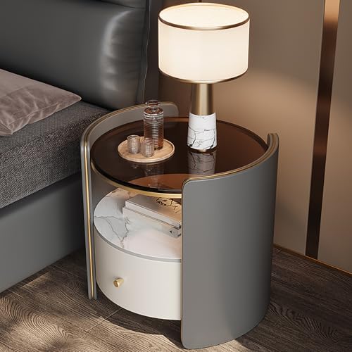 Qiydia Moderner Nachttisch Aus Kunstleder mit Schubladen, Sofa-beistelltisch, Runder Aufbewahrungsschrank mit Platte Aus Gehärtetem Glas für Wohnzimmer, Schlafzimmer(50x48x50cm(2 0x19x20inch), Gray)