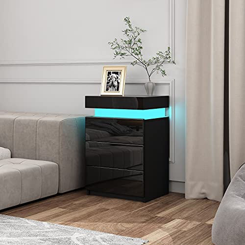 Moderner Nachttisch mit LED Beleuchtung Nachtschrank Hochglanz Nachtkommode mit 3 Schubladen & Flip Cover für Wohnzimmer Schlafzimmer Schwarz