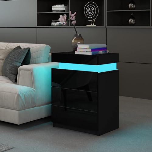 Nachttisch mit LED-Leuchten,Nachttisch Hochglanzfront mit 3 Schubladen, Moderner Nachttisch einstellbare Farben für Nachtschrank Schlafzimmer (Schwarz)