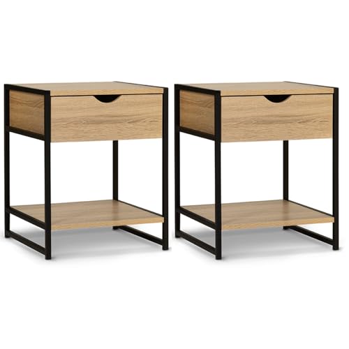 IDMarket - Set aus 2 Nachttischen Detroit 1 Schublade mit Ablage aus Holz und Metall schwarz Industriedesign