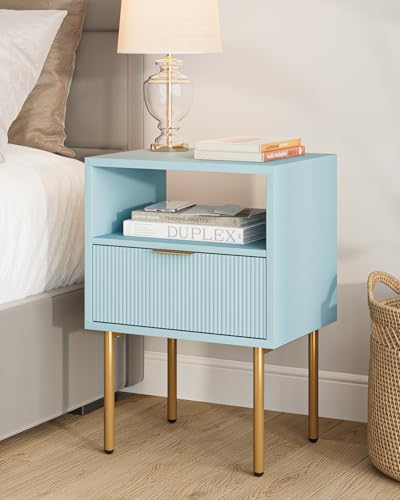 HEYZOEY Nachttisch, Nachtschrank mit 1 offenen Ablagen und 1 Schublade, Modern Nachtkästchen, Boho Nachtkommode für Schlafzimmer, Wohnzimmer, Blau
