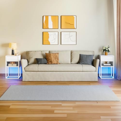 YITAHOME Nachttisch 2er Set mit LED-Beleuchtung, Beistelltisch mit Schublade offenes Fach Nachtschrank Schlafzimmer Beistelltische fürs Wohnzimmer einfacher Aufbau Weiss