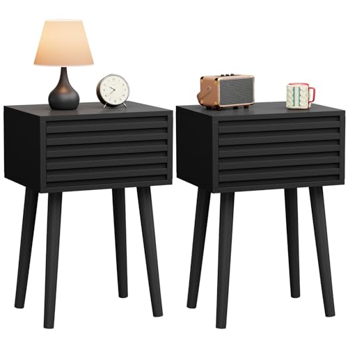 YMYNY Nachttisch 2er Set, Beistelltisch, Mid-Century-Modern Nachtschrank mit Drucktüröffner, Massivholz Beinen, 35x27x53 cm, Sofatisch, Couchtisch für Wohnzimmer, Schlafzimmer Schwarz HST018B-2