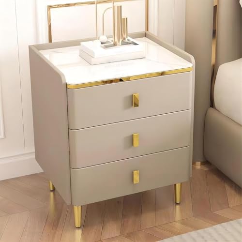 Nachttisch mit 3 Schubladen, moderner minimalistischer Nachttisch aus PU-Leder mit Stauraum, neben Tisch mit Steinplatte, Arbeitsplatte für Schlafzimmer