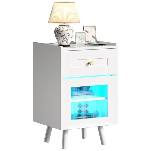 YITAHOME Nachttisch mit 7-Farbiger LED-Lichtleiste, Nachttischschrank mit Schublade und verstellbarem Regal, schwarzer Aufbewahrungs-Beistelltis ch für Schlafzimmer, Wohnzimmer, 40x35x62cm, Weiß