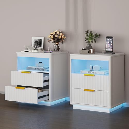 Vlsrka 2er Set Nachttisch mit LED-Licht & Ladefunktion, Nachtschrank mit USB und Type-C Anschlüssen, Modern Nachtkästchen mit 2 Schubladen, Holz Nachttisch für Wohnzimmer Schlafzimmer, Weiß